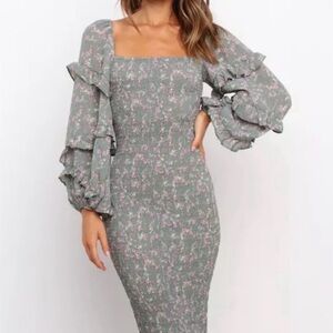 Petal & Pup Sage Green Floral Long Sleeve Smocked Midi Dress